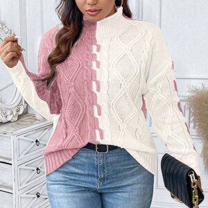 Pink Casual Women's Plus Size Colorblock Stand Collar Sweater